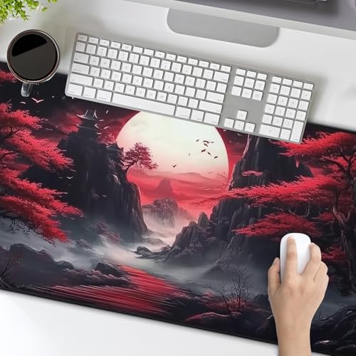 Black Red Japanese Mouse Pad XXL Moon Sakura Cherry BLoosm Tree Extended Table Mat 90X40 cm Non-Slip Rubber Base Stitched Edge Large Mousepad for Gaming Laptop Computer Desk Top 35.4×15.7 Inch - color: Black Red Japanese-a, size: 35.4 x 15.7 inches