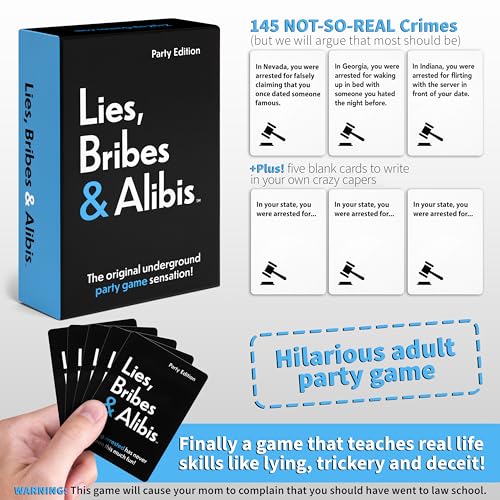 Lies, Bribes & Alibis - A Fun Adult Party Card Game for Date Nights, College Bashes, Friendly Gatherings and Game Nights - Free Bonus Included (Amazon Exclusive)