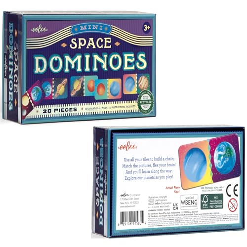 eeBoo Space Mini Dominoes Game - 28 Piece Planet Themed Set, Silver Holographic Foil Tiles, Tile Laying Matching Game, Screen-Free Fun, Kids Ages 3+ - style: Space