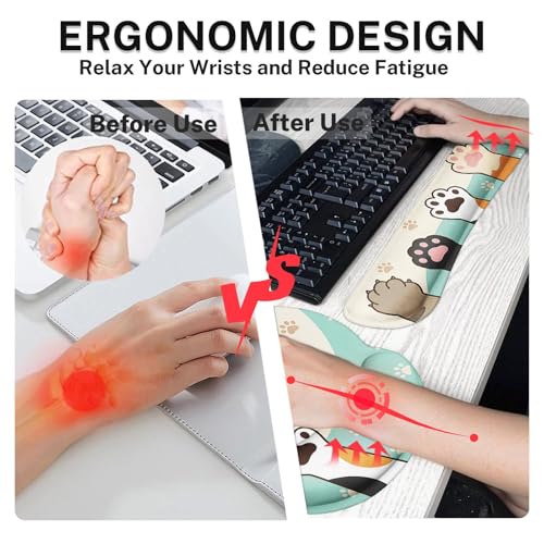 Britimes Kawaii Cat Paws Keyboard Mouse Pad Set Cute Cartoon 4in1 Large Mousepad+Keyboard Wrist Rest+Mouse Wrist Rest+Coaster Ergonomic Design for Home Office Computer 35.4x15.7 inches - color: Cat Paws