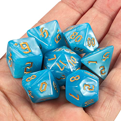 CiaraQ 7pcs Polyhedral Dice Set for Dungeon and Dragons MTG Table Games | Acrylic Role Playing Dice for D&D with Black Velvet Bag β Blue with Gold Numbers - color: Blue With Gold Numbers