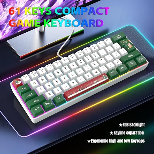 Snpurdiri 60% Wired Gaming Keyboard, RGB Backlit Small Ultra-Compact 61 Keys 60 Percent Gaming Keyboard for PC/Mac Gamer, Typist, Travel, Easy to Carry on Business Trip(Red Green White) - color: Red Green White