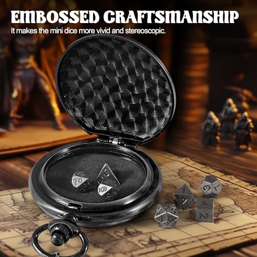 D&D Dice Set,7PCS Metal Dice for Dungeons and Dragons,Mini Dice Set with Pocket Watch Case,Role Playing Board Games Accessories (DM, Black) - color: Black, style: DM