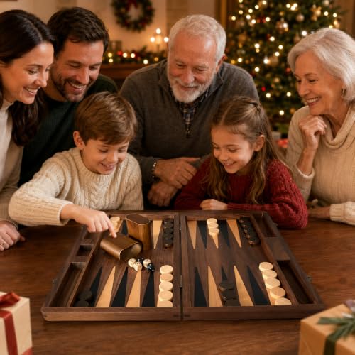 Black Walnut Backgammon Set for Adults, 14.4 x 18Inch Wooden Foldable Board Game with 30 Checkers, Dice, Doubling Cube and 2 Matching Dice Cups, Classic Travel Game Set