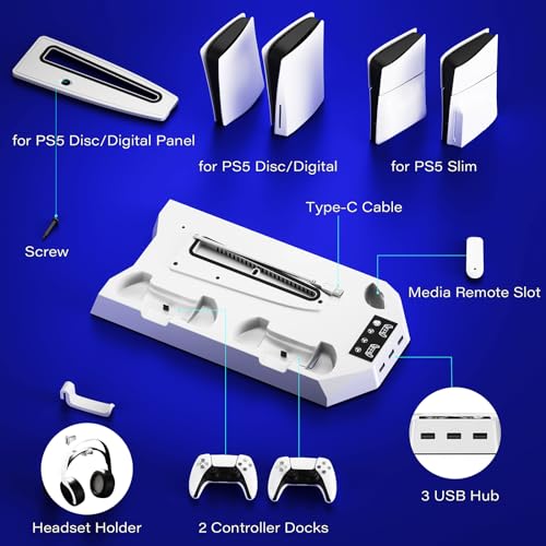 PS5/Slim/Pro Cooling Station for PS5 Disc & Digital Console, PS5 Stand Cooling Fan Charging Station with 3 Level Fan, LED Controller Charger, PS5/Slim/Pro Accessories with 3 USB Hubs & Headset Holder - color: White