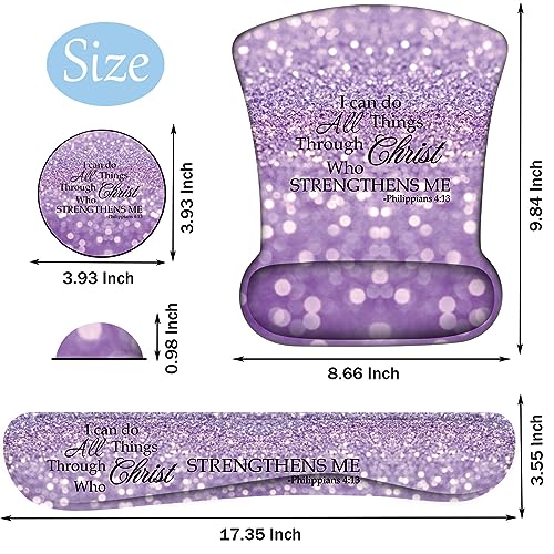 Keyboard Wrist Support + Wrist Mousepad + Coaster Combination, Non-Slip PU Base, with Gel Memory Mousepad, Suitable for Gaming, Office Pain Relief Mousepad Set - Purple Glitter Quote Philippians 4-13 - color: Purple Glitter Quote Philippians 4-13