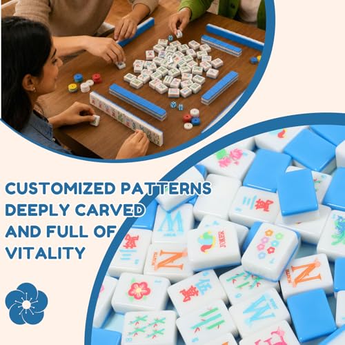 160 American Mahjong Tile Set with Bag 1.2'' Blue Mah Jongg Tiles | Travel Floral Engraved Melamine Mahjong Set for Beginner Friends Clubs Family Game Night Gifts (4 Dice, 100 Poker Chips)
