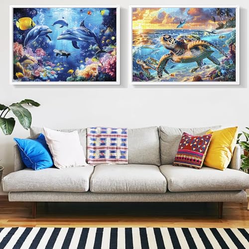2 Pack Puzzles for Adults 1000 Pieces-Sea Turtle & Dolphins Difficult Jigsaw Puzzles for Adults,Hard Jigsaw Puzzle Decorations DIY Leisure Game Toy Suitable Family Friends(27.5x20 inches) - style: Sea Turtle & Dolphins