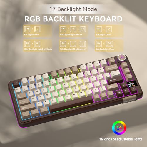 SOLAKAKA A75 PRO 75% Wireless Mechanical Keyboard with Screen and Knob, Tri-Mode Hot Swappable Gaming Keyboard, RGB Backlit Gasket Creamy Pre-lubed PBT Computer Keyboard for PC/Mac/Win,Brown - color: CreamBrown
