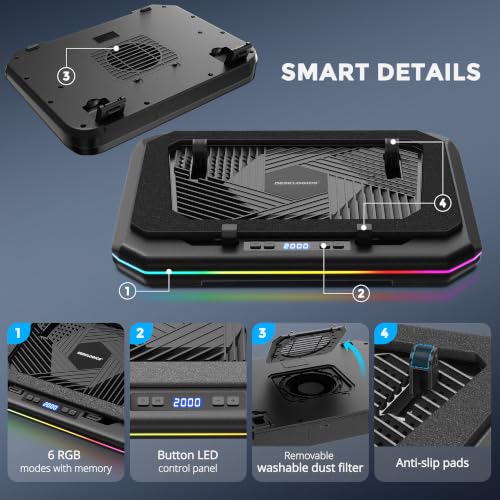 Laptop Cooling Pad, Quiet Turbo Fan Laptop Cooler for 12-19 Inch Gaming Laptop and MacBook, Height Adjustable Laptop Cooling Stand with RGB Light, Sealed Airflow Cooler Pad, USB Powered