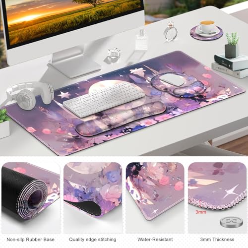 Large Desk Mat, Gaming Mouse Pad Desk Pad, Mousepad + Keyboard Wrist Rest | +Mouse Wrist Rest+Coaster Set with Ergonomic XXL Desk Pad Protector for Home Office PC Computer, Pastel Purple Flower Moon - color: Pastel Purple Flower Moon