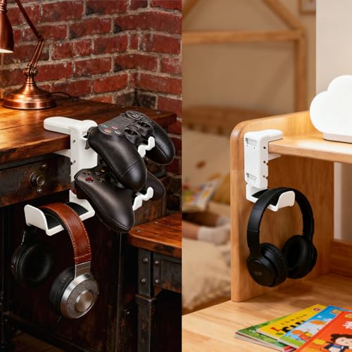 Rotatable Under Desk Headphone Hanger with 2 Controller Slots - 3-in-1 Gaming Accessory with Adjustable Clamp & Cable Organizer,for Home Gaming Xbox ps5 -White