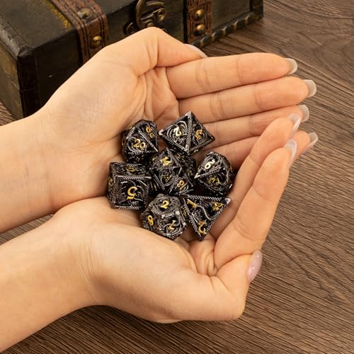 7PCS DND Dice Set, Premium Hollow Metal Polyhedral Dice with Treasure Chest & Dice Bag, Gift for Men & Women, Dungeons and Dragons, TTRPG RPG Tabletop Games (Black) - color: Black