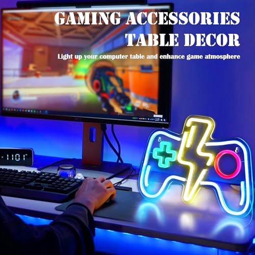 LED Game Neon Sign Light for Gamer Room Decor USB Powered with Switch Gaming Accessories Acrylic Gamepad Neon Sign for Video Game Room Teen Boy Bedroom Wall Decor Gift Ideas for Gamer Christmas - style: Lightning Blue Gampad