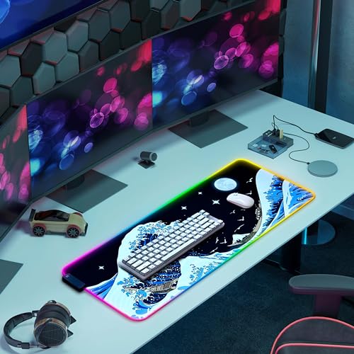 Gerlos RGB Gaming Mouse Pad, Large LED Desk Mat, 31.5 x 11.8 Inch | 12 light modes, non-slip base, water-resistant surface, stitched edges - color: Wave