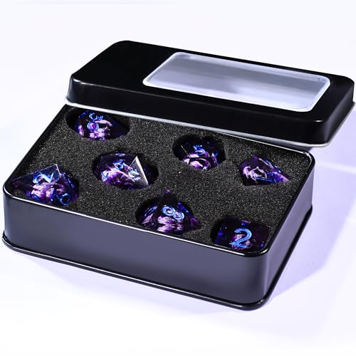 AUSTOR Violet Flame Dragon Dice Set - 7 Pieces Resin Dice: D20, D12, D10, D8, D6, D4 with Case - color: Violet Flame Dragon