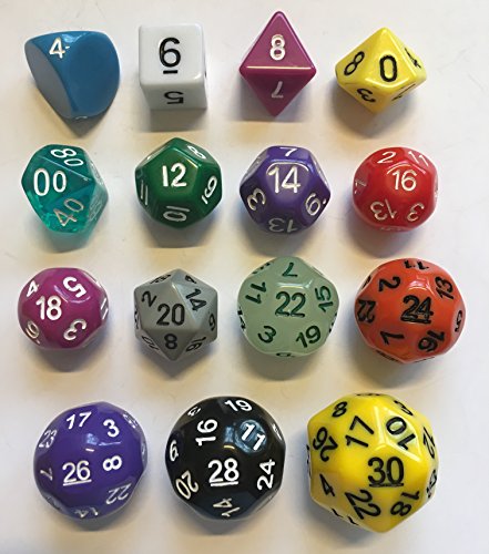 Impact! Miniatures Rainbow - 15 Unusual Evens Dice Set - D30 Dice Chain RPG/Freeblades - D4 Through D30