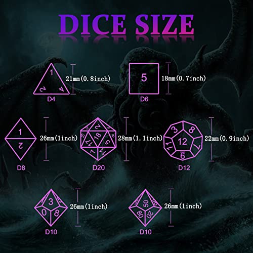 DND Dice Set,3D Octopus Hollow Metal 7-Die,Purple Numbers | copper construction,72g balanced weight,engraved numbers,gift box and velvet bag for DND RPG play - color: Cthulhu Purple Number