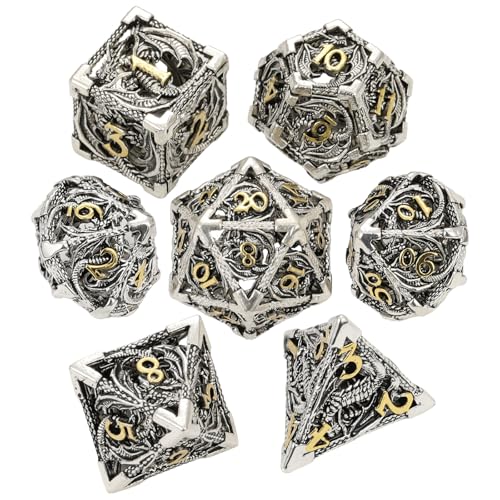 MoKo Dragon Hollow Metal DND Dice Set, Sliver+Gold | 7 Pcs Polyhedral, D20 D12 D10 D8 D6 D4, For Dungeons and Dragons RPG Games, With Gift Box - color: 4 - Sliver+gold