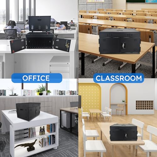 12 Device Charging Station for Laptops & Tablets, Portable Lockable Charging Cabinet Lock Box with Cable Management,Fits 17in Laptop Computers Chromebooks, for Classroom, Library, and Office(Black)