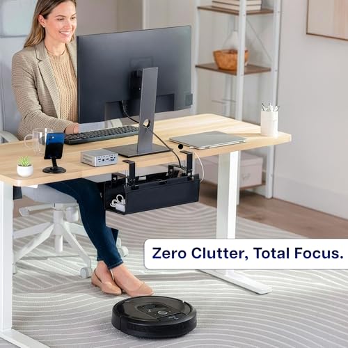 VIVO Clamp-on Under Desk 16 inch Fabric Cable Management Tray, Wire Concealer, Power Strip Storage, Workspace Organization, Easy Fold Down Access, Black, DESK-AC16F-C - size: 16"