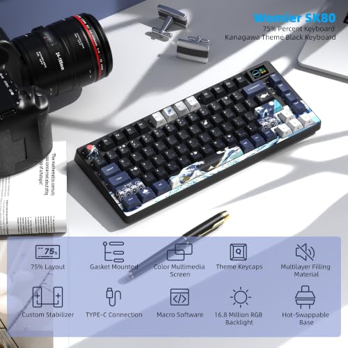 Womier SK80 75% Keyboard with Color Multimedia Display Gaming Keyboard | Creamy Sound Mechanical Wired Hot Swappable Gasket RGB Custom Key board, Pre-lubed Stabilizer for Mac/Win, Black Kanagawa - color: Kanagawa Black