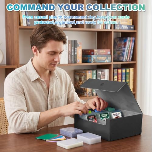 Trading Card Storage Box, Holds 1800 Sleeved Card, PU Magnetic Closure | 200 Toploaders and 600 Penny Sleeves INCLUDED, 10 Dividers and 6 Foam Stoppers INCLUDED, Fit for MTG, TCG and Sports Cards - color: Black and Grey