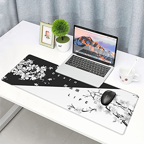 Black White Cherry Blossom Mouse Pad Japanese Sakura Death Life Extended Desk Mat 80X30 cm Non-Slip Rubber Base Stitched Edge Large XL Playmat for Gaming Laptop Computer PC Desktop,31.5×11.8 Inch - color: Black White, size: 31.5 x 11.8 inches