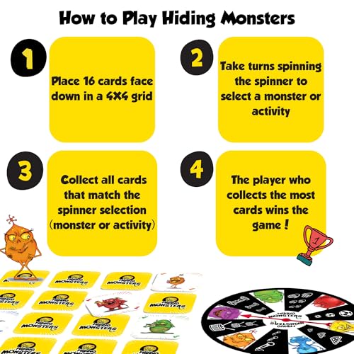 Hiding Monsters Award Winning Memory Games for Kids Ages 4-8. Spinner Wheel | Award-winning memory game with a spinner wheel. Easy to learn, high replay, fun for kids and families. Matching game - style: Hiding Monsters