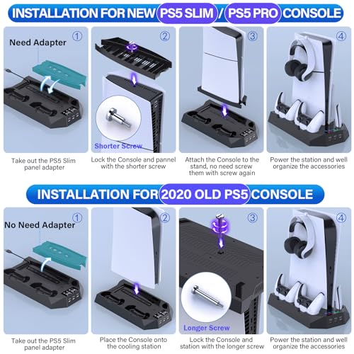 PS5/Slim/Pro Cooling Station for Playstation 5 Console Disc/Digital Edition - PS5 Slim Pro Cooling Stand with Controller Charging Station Accessories-Cooler Fan/Headset Holder/3 USB Hub, Black - color: 2-Black