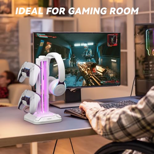 KDD RGB Headset Stand with 9 Light Modes - Controller Holder for Desk - Rotatable Headphone Stand & Detachable Controller Hook for PC Earphone Accessories(White) - color: White