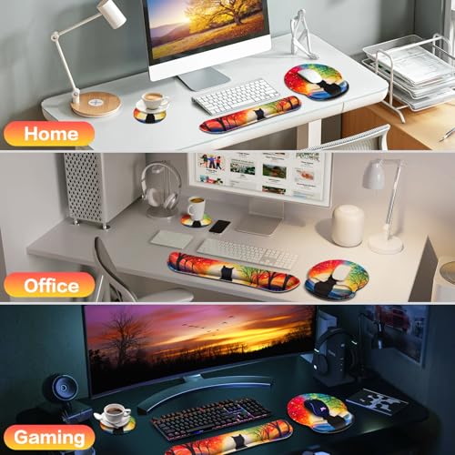 3-in-1 Mouse Pad with Wrist Rest Cute Black Cat Set | Wrist Support Mouse Pad Set,Gaming Mousepad with Anti-Skid Base,Ergonomic Mouse Pad,Memory Foam Keyboard Gel Wrist Rest Anime - color: Lonely Cat