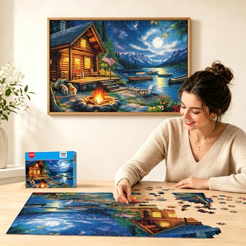 1000 Piece Puzzle for Adults, 20 x 27 inches Jigsaw Puzzles - Moonlit | Tight Piece Fit, 1:1 Reference Poster, Lettered Back, Minimal Puzzle Dust, Vibrant Colors, 2mm Extra-Thick Pieces - color: 1000 Pieces-moonlit Lake Cabin