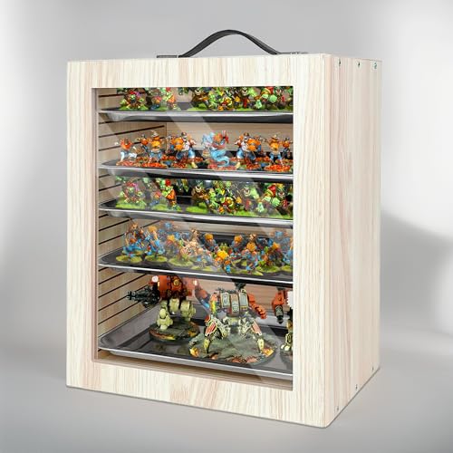 Miniature Storage Case for Collectibles Miniatures, Wooden Miniature Carrying Case with 5 Metal Trays, Miniatures Transport Case - color: Oak