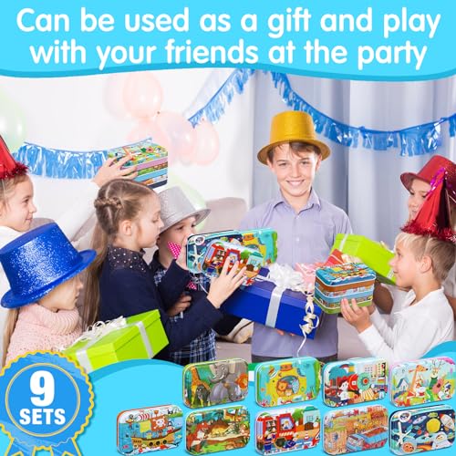 Libima 9 Boxes Party Favors Jigsaw Puzzles in a Metal Box for Birthday Favors Supplies Wooden Puzzle Gifts, 9 Styles, 60 Pieces Each(Delicate Style) - style: Delicate Style