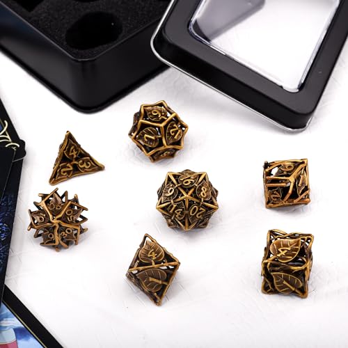 AUSTOR 7 Pieces DND Dice Set Leaf Metal Hollow Polyhedral Dice D20 D12 D10 D% D8 D6 D4 with Metal Box for Dungeons & Dragons RPG Board Games(Antique Gold) - color: Antique Gold