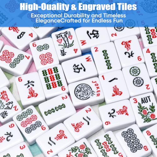 ADAH American Mahjong Set with 166 Tiles, 4 All-in-One Rack/Pushers, Premium Melamine Scratch-Resistant Tiles, Embroidered Blue Travel Case – Complete Mahjong Game Set with Chips, Dice & Instruction