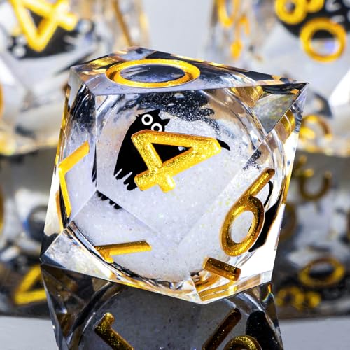 Roycevon Resin DND Dice Set with Gift Box, 7Pcs Liquid Core Cat D&D Dice, Cute Dungeons Dragons D and D Dice, Sharp Edge Role Playing Game Dice D20 D12 D10 D8 D6 D4, White Gold - color: White Gold