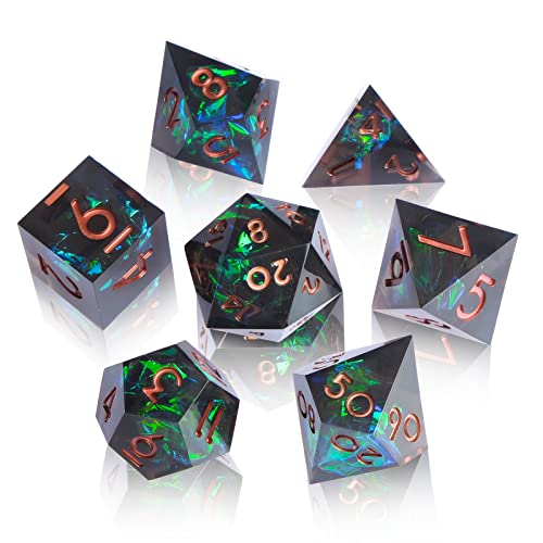 Sharp Edge DND Dice Set Handmade 7 Accessories Dice for Dungeons and Dragons TTRPG Games, Multi-Sided RPG Polyhedral Resin Sharp Edge Dice Roleplaying Games - color: Green Brown New
