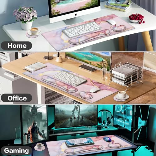 Large Mouse Pad with Wrist Rest, 4-in-1 Wrist Rest for Keyboard and Mouse | Non-Slip Waterproof Desk Mat Set, 35.4"x15.7" Desk Mat+Keyboard Wrist Rest+Mouse Wrist Support+Cup Coaster for Home Office - color: 4Pcs-Pink Marble