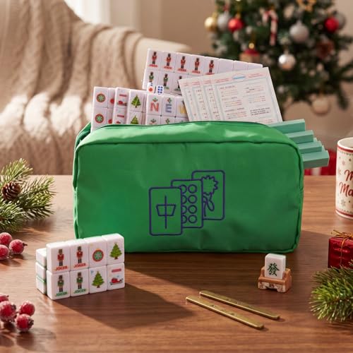 Soulchen Mini American Mahjong Tile Set Include 160 0.8 Inch Mahjong Tiles 2 Dice 4 Wooden Rulers 1 Accessory Bag 4 Beginner Rule Cards (Christmas) - style: Christmas