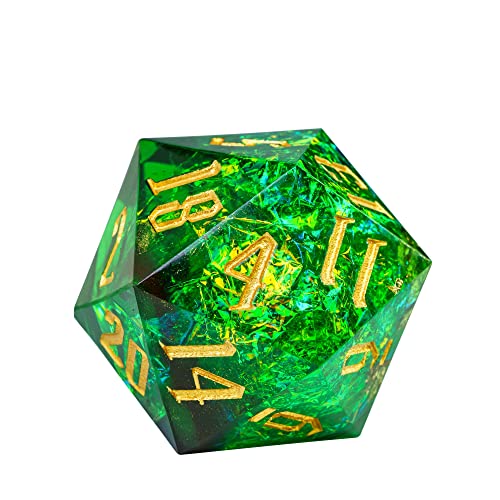 Cusdie Single D20 DND Dice with Sharp Edges and Glitter Foil Inclusions, 20 Sided D&D Dice, 33mm Handcrafted, for Role Playing Game (Green) - color: Green