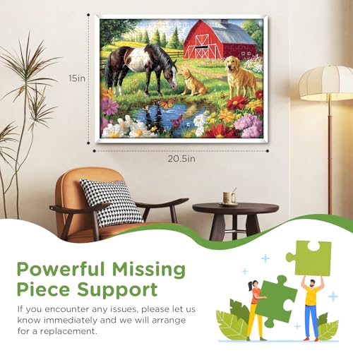 300 Piece Puzzle for Adults, Golden Retriever Horse on Farm Scenic Landscape Jigsaw Puzzle, Jigsaw Puzzles for Adult 300 Piece, Challenging Yet Relaxing 300 Pieces Puzzle Game for Kids Adults Seniors - style: Horse