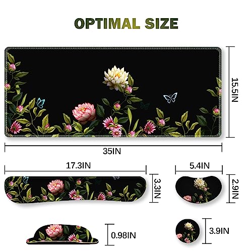 ARTSO Gaming Mouse Pad Wrist Support Set, XXL Large Desk Mat Mousepad + Keyboard Wrist Support+ Mouse Wrist Rest+Coaster 4in1 Ergonomic, Stitched Edge for Home Office -Flowers and Butterflies - color: Flowers and Butterflies