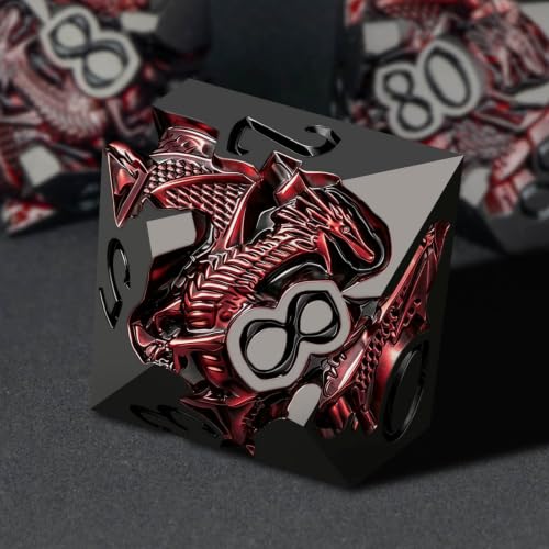 Roycevon Relief Dragon DND Dice Set for Role Playing Game, 7Pcs Metal D&D Dice Set Dungeons Dragons with Gift Box, Polyhedral D and D Dice D20 D12 D10 D8 D6 D4, Red and Black - color: Red