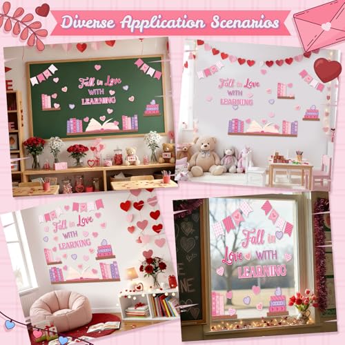TICIAGA Pink Heart Book Learning Bulletin Board - 62Pcs Back to School Bookshelf Fall in Love with Learning Pink Heart Cutout Border Book Flag Banner for February School Library Classroom Wall Decor - style: Valentines