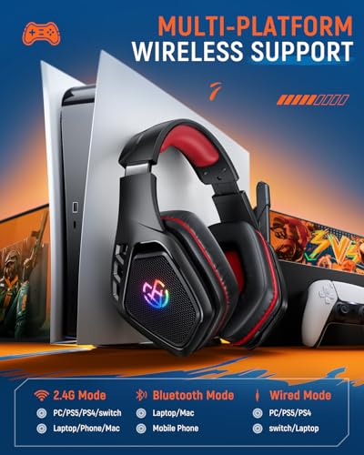 Tatybo Wireless Gaming Headset with Mic, 7.1 Sound 50mm Driver, Black Red | 3-mode 2.4G/BT 5.3/USB-C; 30H battery; low latency for PS5/PS4/PC/Switch/Laptop/Mobile - color: Black Red