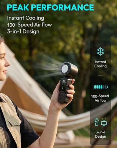 Portable Handheld Fan, 100-Speed Turbo Rechargeable Mini Fan | 3-in-1 Wearable Foldable Fan with Ice Compress Cooling. Ideal for Travel, Outdoor, Office. Compact & Long Battery Life. - color: Black