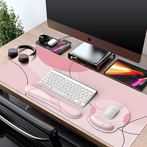 iCasso Pink Art 4in1 Desk Mat, 35.4"x15.7" Keyboard Pad for Travel | Dreamy Ergonomic Desk Pad Including Keyboard Wrist Rest, Mousepad Set for Women Workspace Table Computer Setup - color: Pink Art