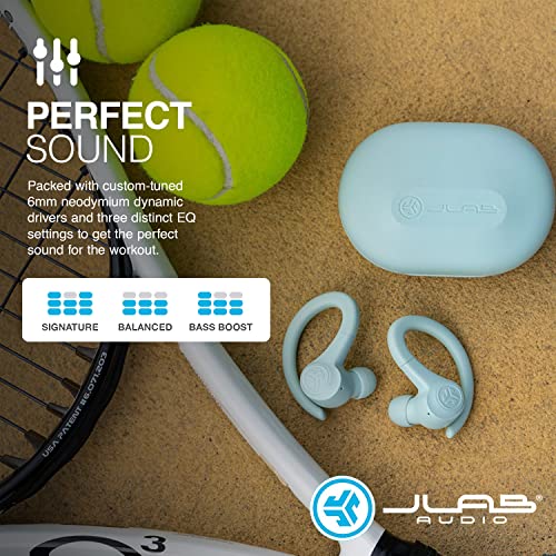 JLab Go Air Sport True Wireless Earbuds, Light Blue, Featuring C3 Clear Calling, Secure Earhook Sport Design, 32+ Hour Bluetooth Playtime, and 3 EQ Sound Settings - color: Light Blue, style: Sport
